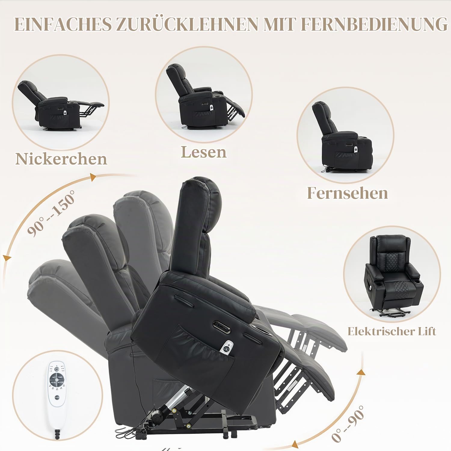 Relaxsessel mit Aufstehhilfe Elektrisch Verstellbar Fernsehsessel mit Liegefunktion Massage Wärmefunktion, Type C&USB -Anschlüsse, Lesesessel TV Sessel Wohnzimmer