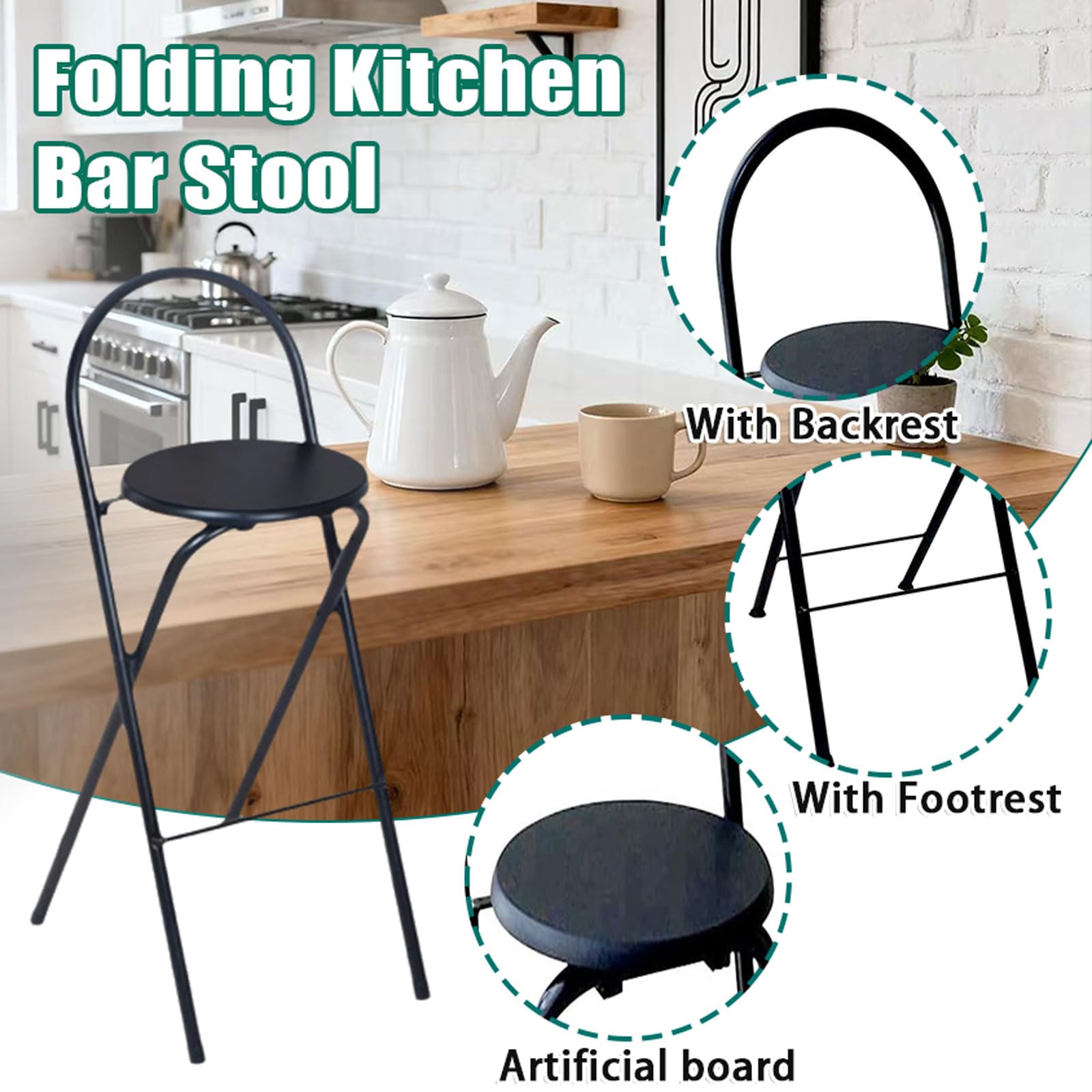 Plier Le Banc， Facile à Transporter, sans Montage, Compact, for la Cuisine et Le Bar(Black,60cm/24in)