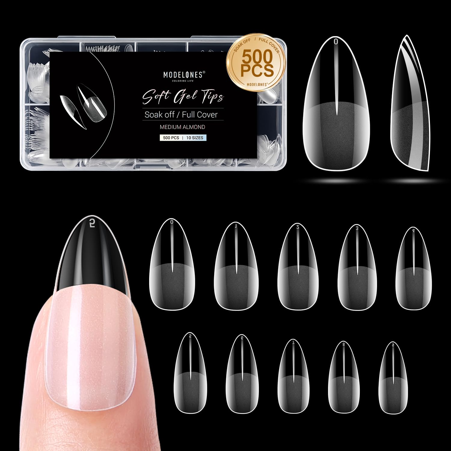 Modelones Uñas Postizas Transparentes 500Pzs, Resina PMMA Uñas de Gel Nail Tips Almendra Cobertura Total Kit de Uñas, 10 Tamaños Tips Uñas