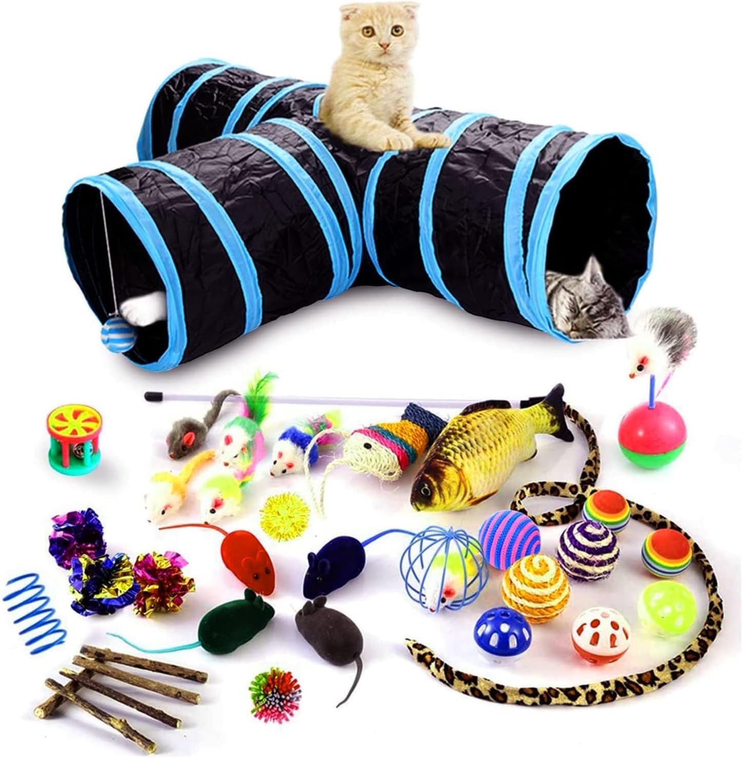 Genr Cat Toys 32 Pcs Set - Cat Toy Interactive Accessories For Indoor Cats - Kitten Toys - For Biting - 3 Way Cat Tunnel, Catnip Mouse, Balls, Fish, Feather, Teaser Wand For Cat Pet Lovers