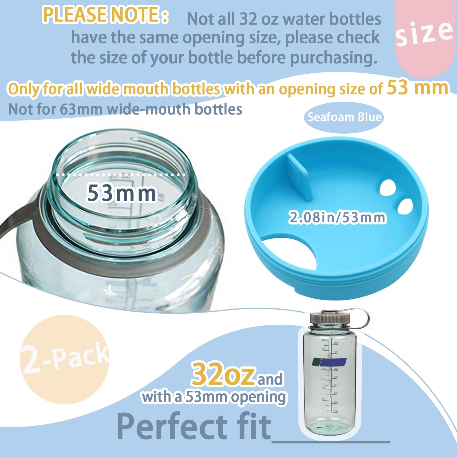 2-Pack Silicone Splash Guard For Nalgene 32oz Wide Mouth Bottles - Seafoam Blue, BPA-Free - View #10