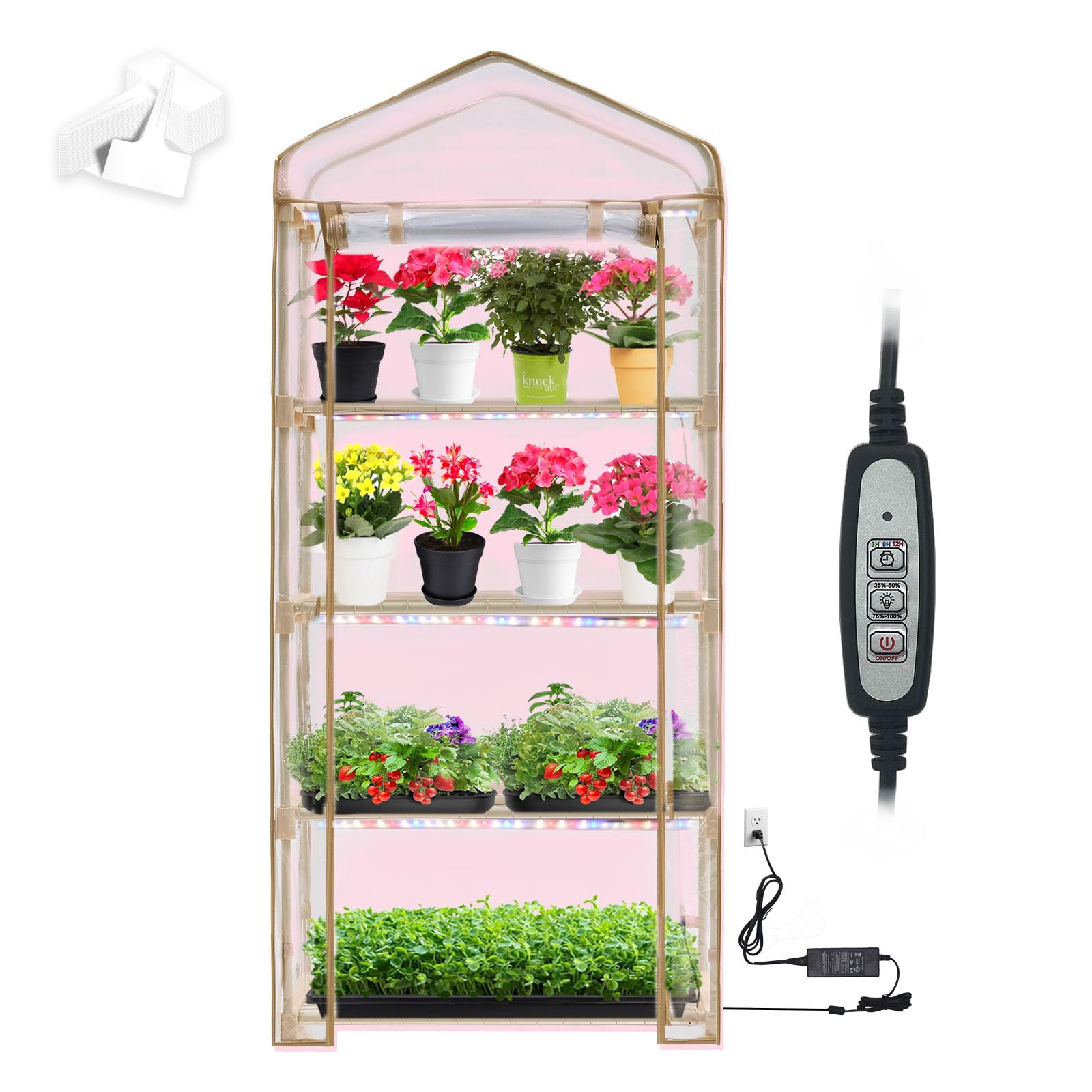 Mini Greenhouse with Grow Light , 4 Tier 27.2" ×19.9" ×61.8" Portable Greenhouse with Zippered for Seed Starting Trays , Dimmable 2ft 60W Plant Light for Indoor Plant with Timer(PLGH704OWPT)