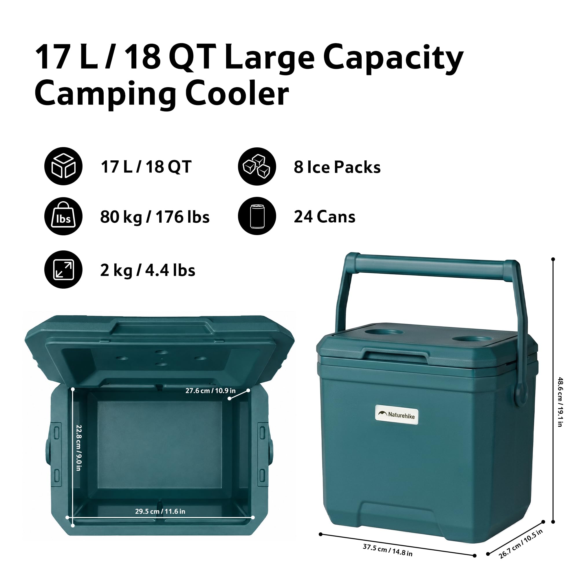 Naturehike Nevera portátil de 17 litros/24 litros/36 litros, caja térmica de poliuretano de alta calidad, 48 horas de capacidad de refrigeración, bolsa nevera para camping, picnic, festivales y coche