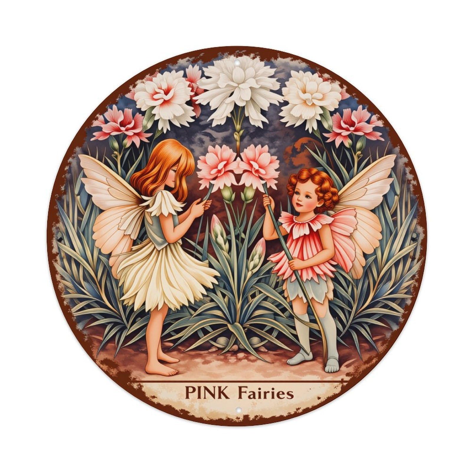 Pink Fairies With Flowers And Wings Round Vintage Tin Sign,Retro Wall Art,Metal Poster for Home, Bar, Garage, Cafe, Rustic Indoor & Outdoor Decor, 8x8 Inches