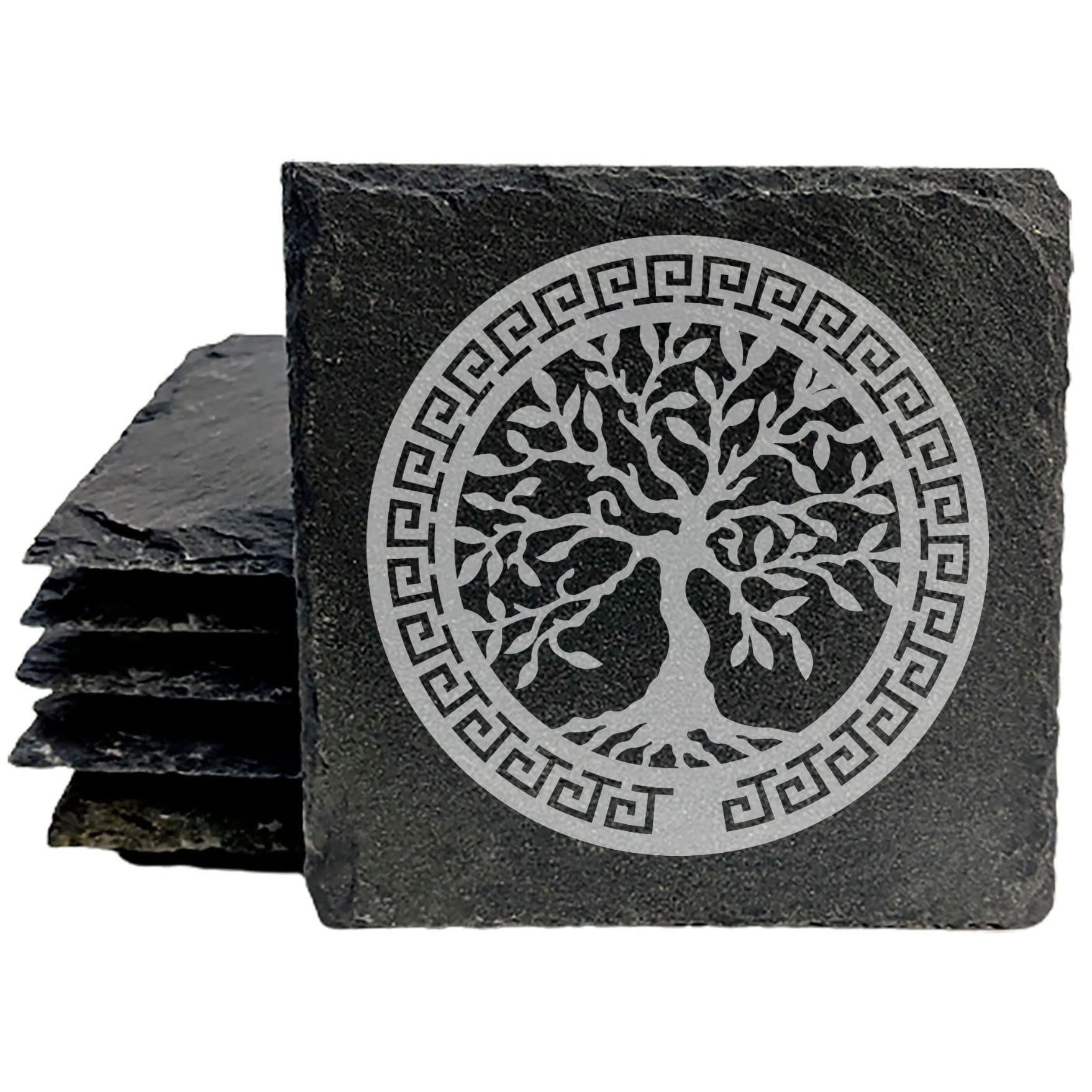 A Touch of The Med: Olive Tree & Celtic Knot Coasters - Square Slate - Set of 8
