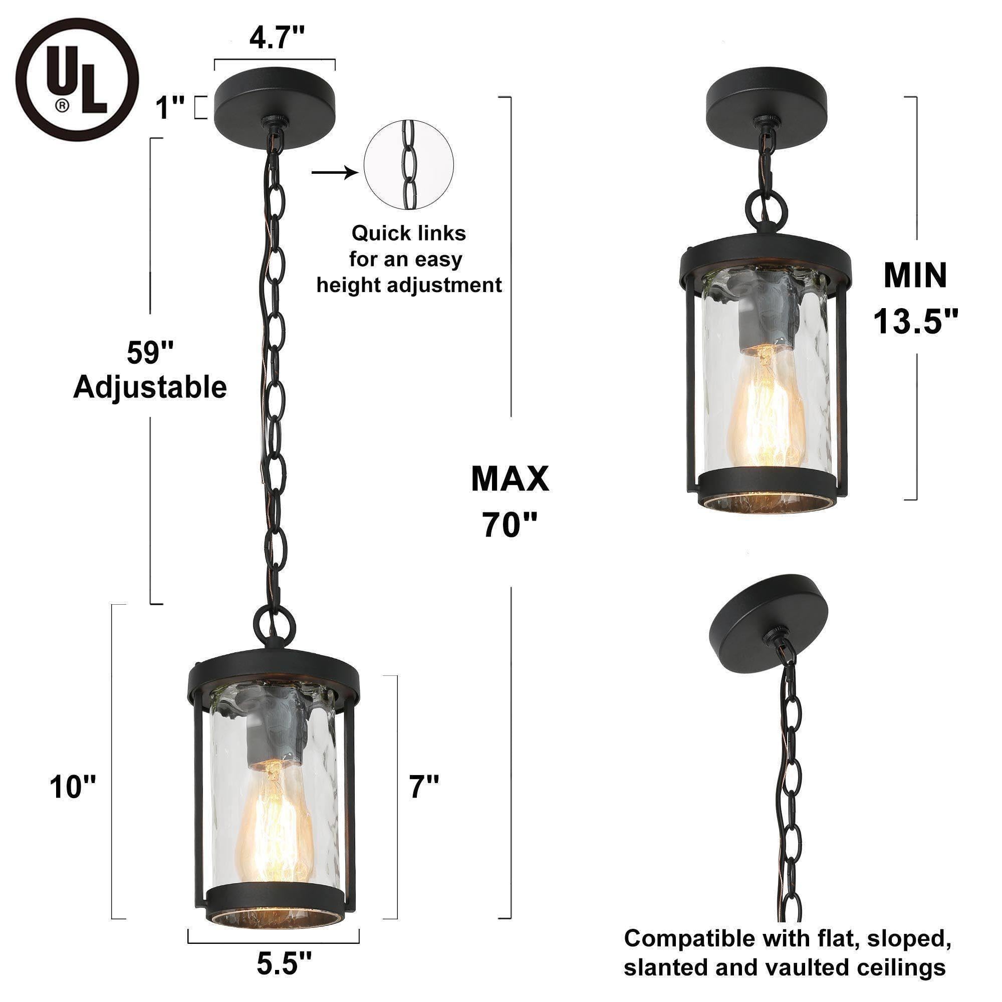Outdoor Pendant Light With Bubble Glass - Sand Black, Adjustable Chain, Dusk-to-Dawn Sensor