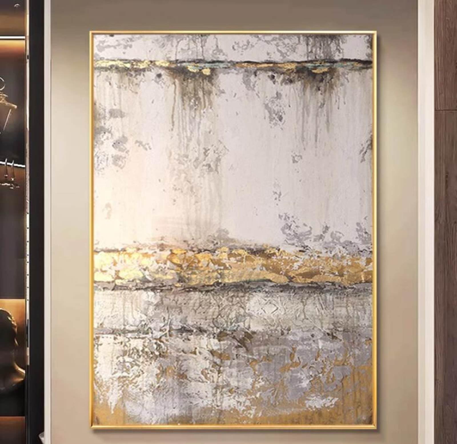 Peinture texturée sur toile grand format avec feuille d'or pour chambre