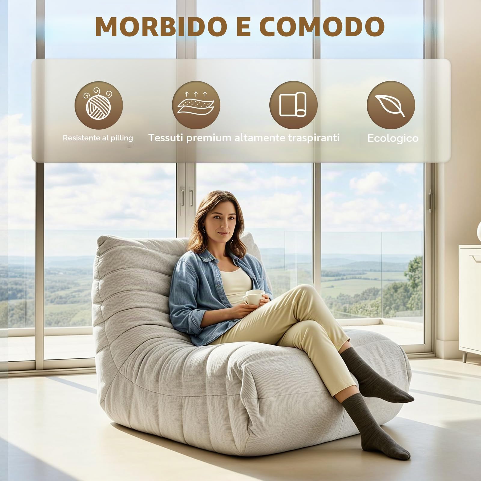 HealthRelife Bean Bag Togo Style Memory Foam Floor Sofa Beige