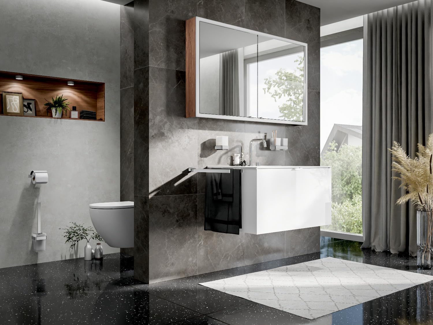 EMCO LOFT Doppelglashalter zur Wandmontage, eleganter und kompakter Zahnbürstenhalter aus Aluminium und Kristallglas, hochwertiger Zahnputzbecher Edelstahl