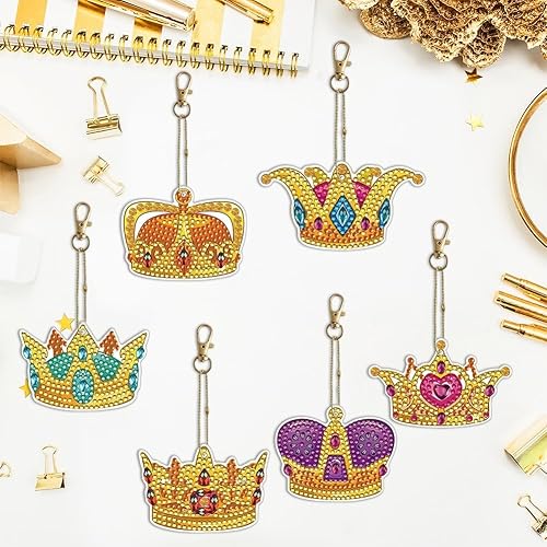 Miniatura 2 de LUSandy Juego de 6 llaveros de pintura de diamante con corona 5D para adultos, de doble cara, forma especial, corona, arte de diamante, llavero para
