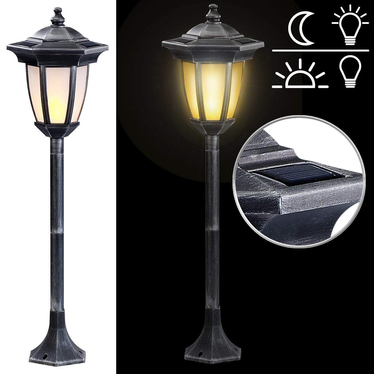 Lunartec Standlaterne Garten: 2er-Set Solar-LED-Standlaterne mit Flammeneffekt, 64 cm Höhe, IP44 (Solar Garten, Lampe, Flamme)