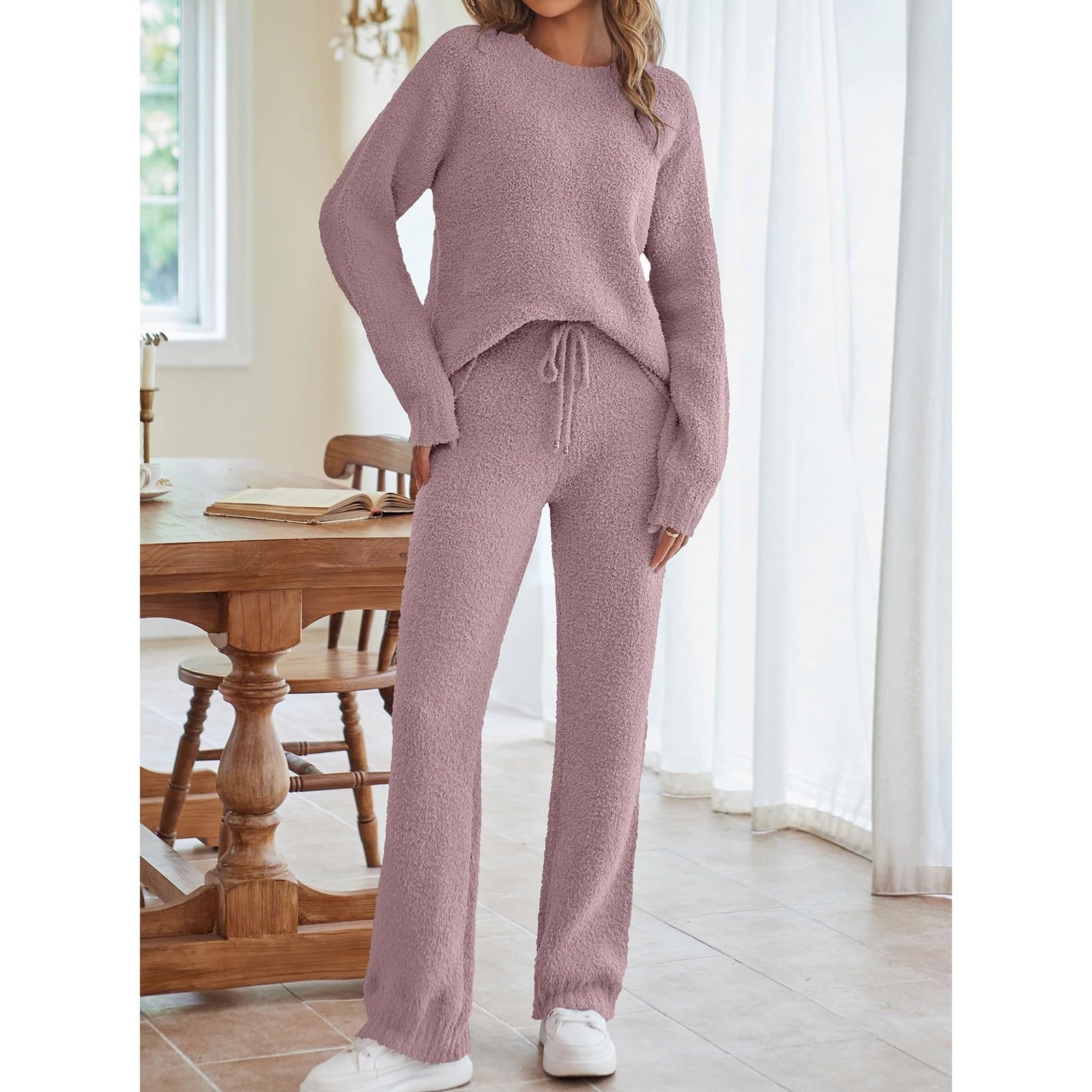 Generisch Traje de casa para mujer, invierno, tallas grandes, dos piezas, manga larga, Homewear | Loungewear - Conjunto de 2 piezas de chándal para mujer, de forro polar, cómodo y cálido