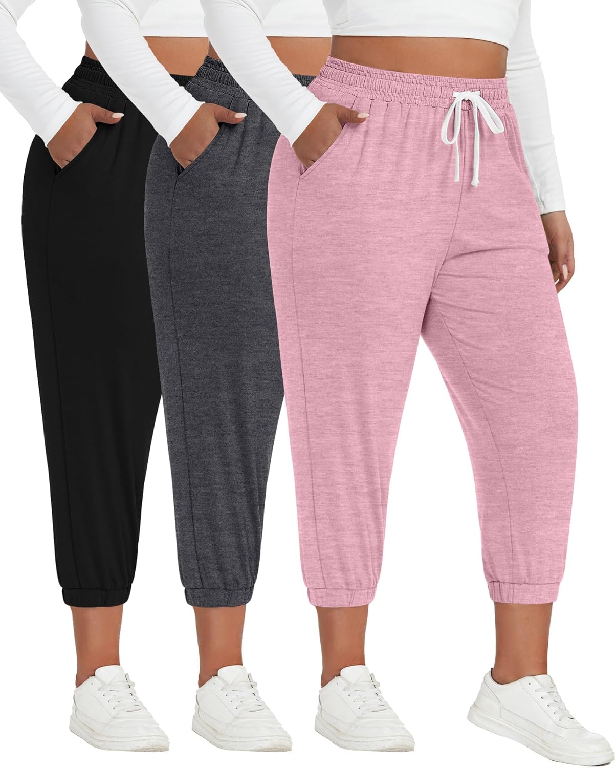 Ficerd 3 Pack Women's Plus Size Capri Sweatpants Cotton Drawstring Joggers Cropped Athletic Lounge Pants with Pockets(Black, Pink, Dark Heather Gray,3XL)
