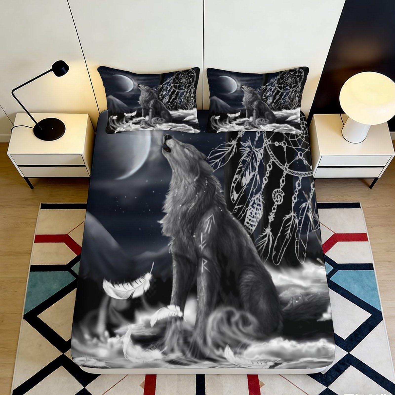 3D Printed Howling Wolf Fitted Sheet Microfiber Soft Black Forest Moon Mattress Cover for Bedroom Dorm Decor 90x200x25cm