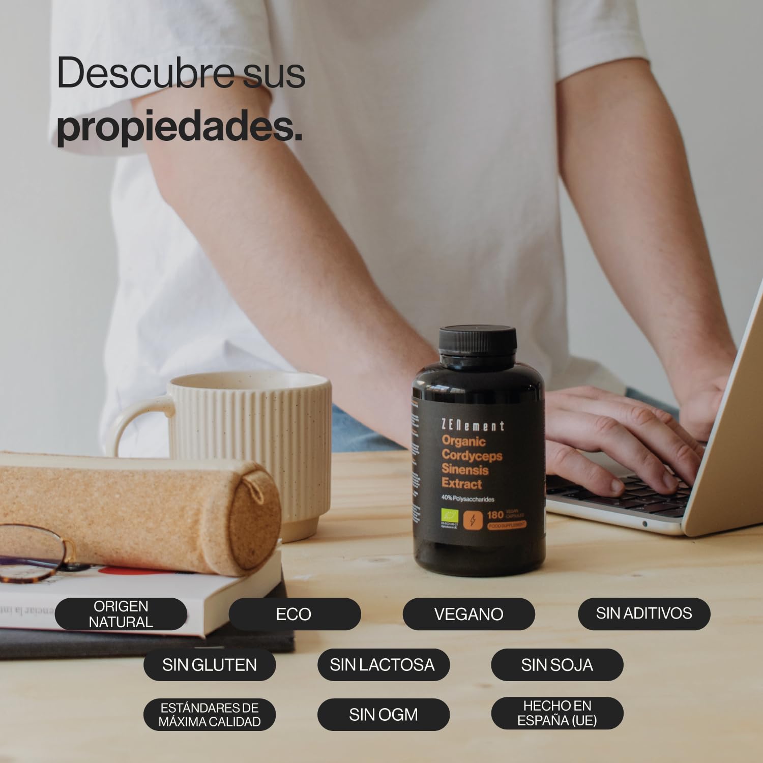 Cordyceps Sinensis Ecológico, 180 cápsulas veganas para 6 meses | Extracto (CS-4) 10:1 = 6.500 mg con 40% Polisacáridos | Energía, Reduce el Cansancio y la Fatiga | Vegano, Sin Aditivos | Zenement