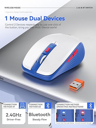 Miniatura 2 de Ratón Bluetooth, Bluetooth 5.1 + USB de 2.4 GHz + adaptador USB-C, mouse inalámbrico trimodo, con teclas laterales hacia adelante/atrás, clic Azul