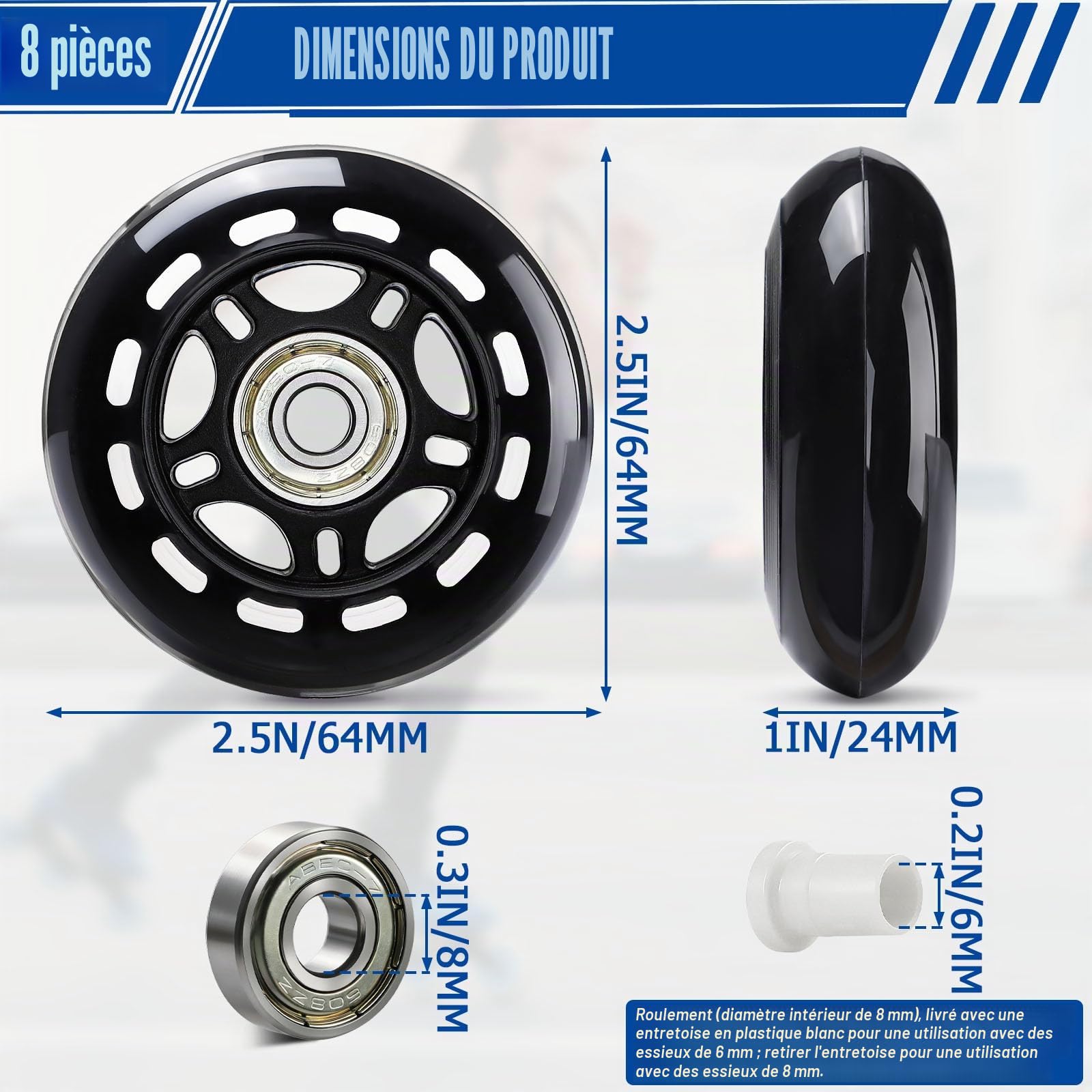 TOBWOLF Lot de 8 roues de patins à roulettes de rechange avec roulements ABEC 7, noir 70 mm/76 mm, dureté 82A/84A, unisexe
