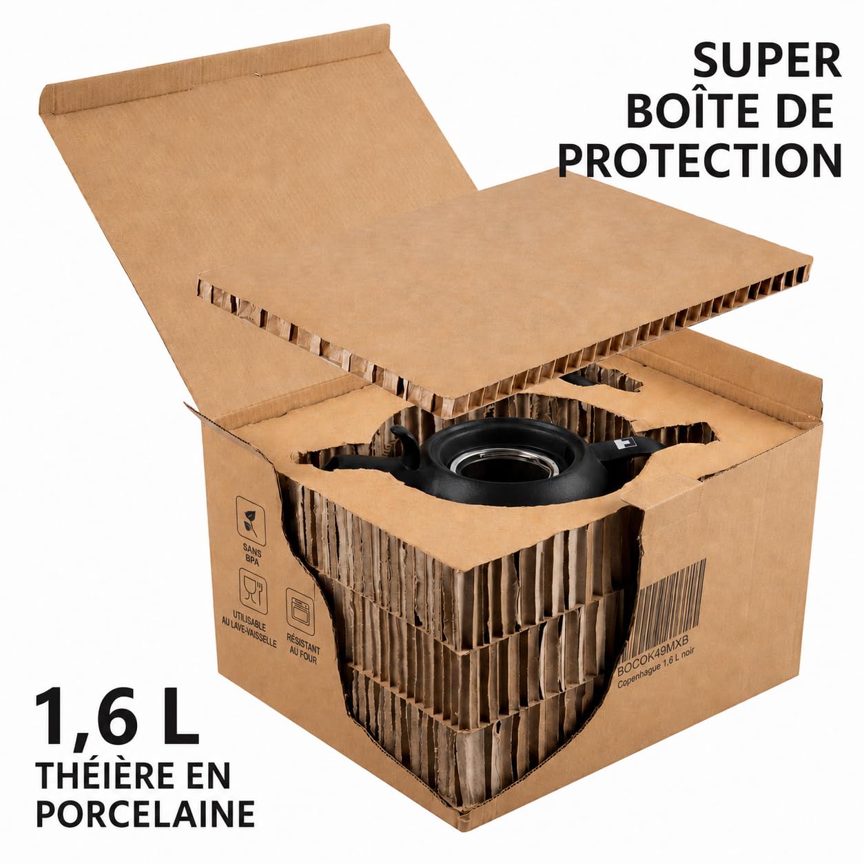 Théière "Copenhague" avec infuseur, 1,6 L, noire, en porcelaine, adaptée pour réchaud avec infuseur amovible en acier inoxydable à mailles fines. Théière en porcelaine.