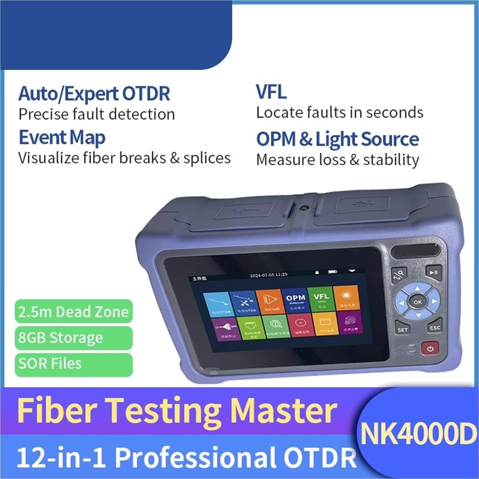 medidor potencia optica Probador De Cable Fibra Óptica OTDR 12 En I 1310 1550 1610nm NK4000D Pantalla Táctil VFL OLS Mapa Eventos para cables, cables y líneas de PCB(UPC)