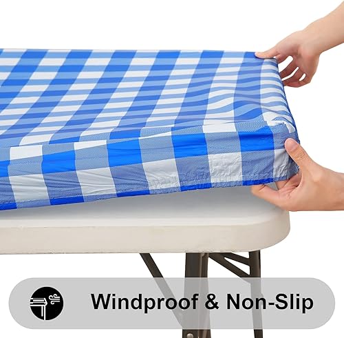 Miniatura 2 de smiry - Mantel de vinilo rectangular para mesa de 8 pies, mantel elástico, ajustado e impermeable, diseño de cuadros, respaldo en franela, para