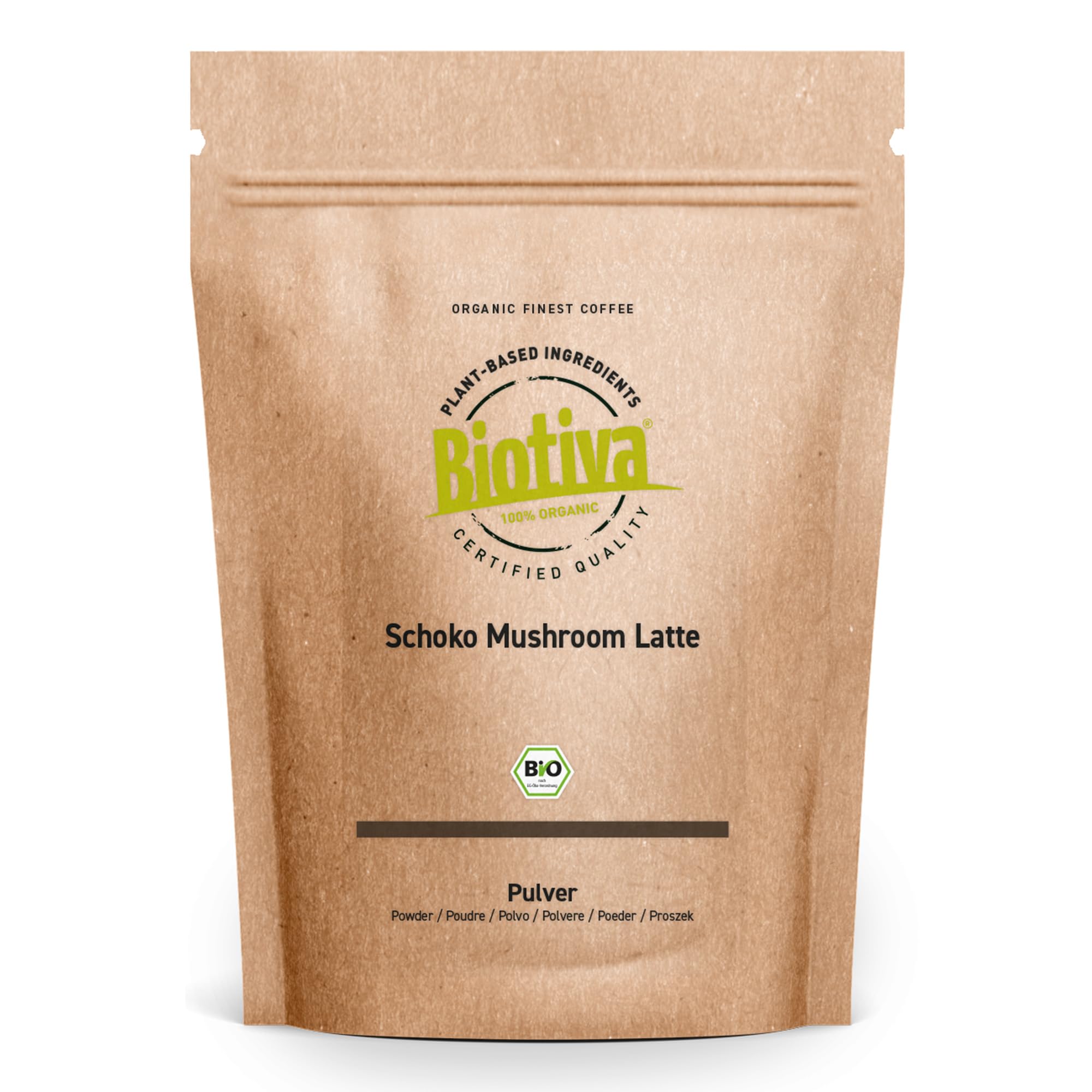 Biotiva Choco Mushroom Latte orgánico 100g - bebida con chocolate y hongos - embotellado y controlado en Alemania