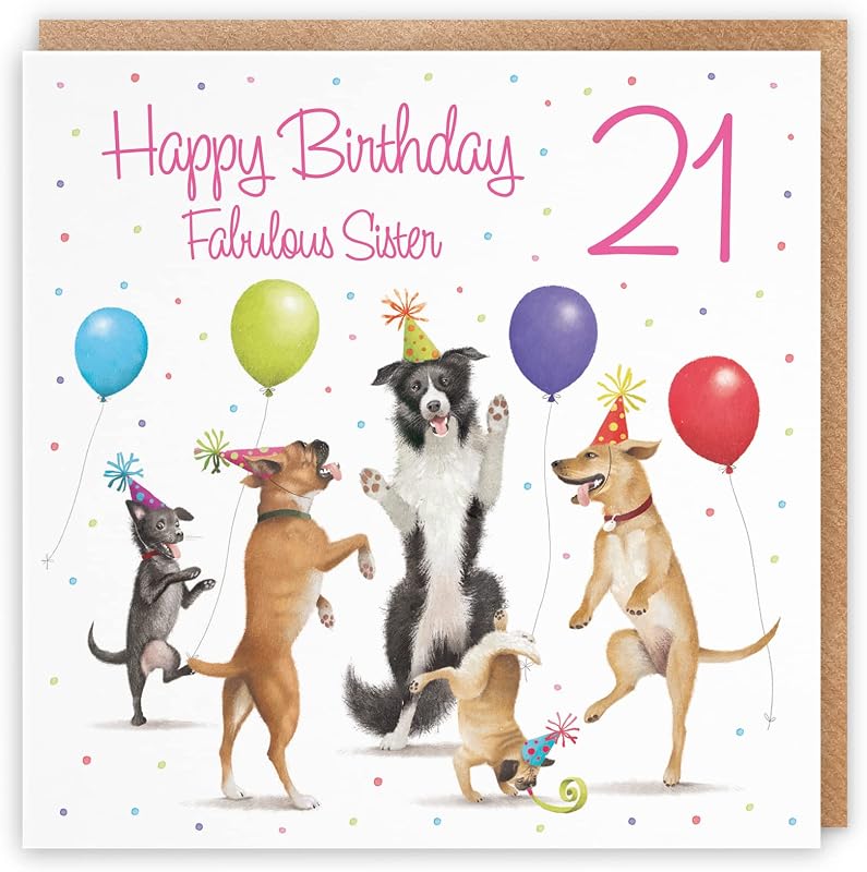 Hunts England 21st Sister Birthday Card - Dancing Dogs - Fabulous Sister - Age 21 - Women's 21st Birthday Card - Milo's Gallery - Funny