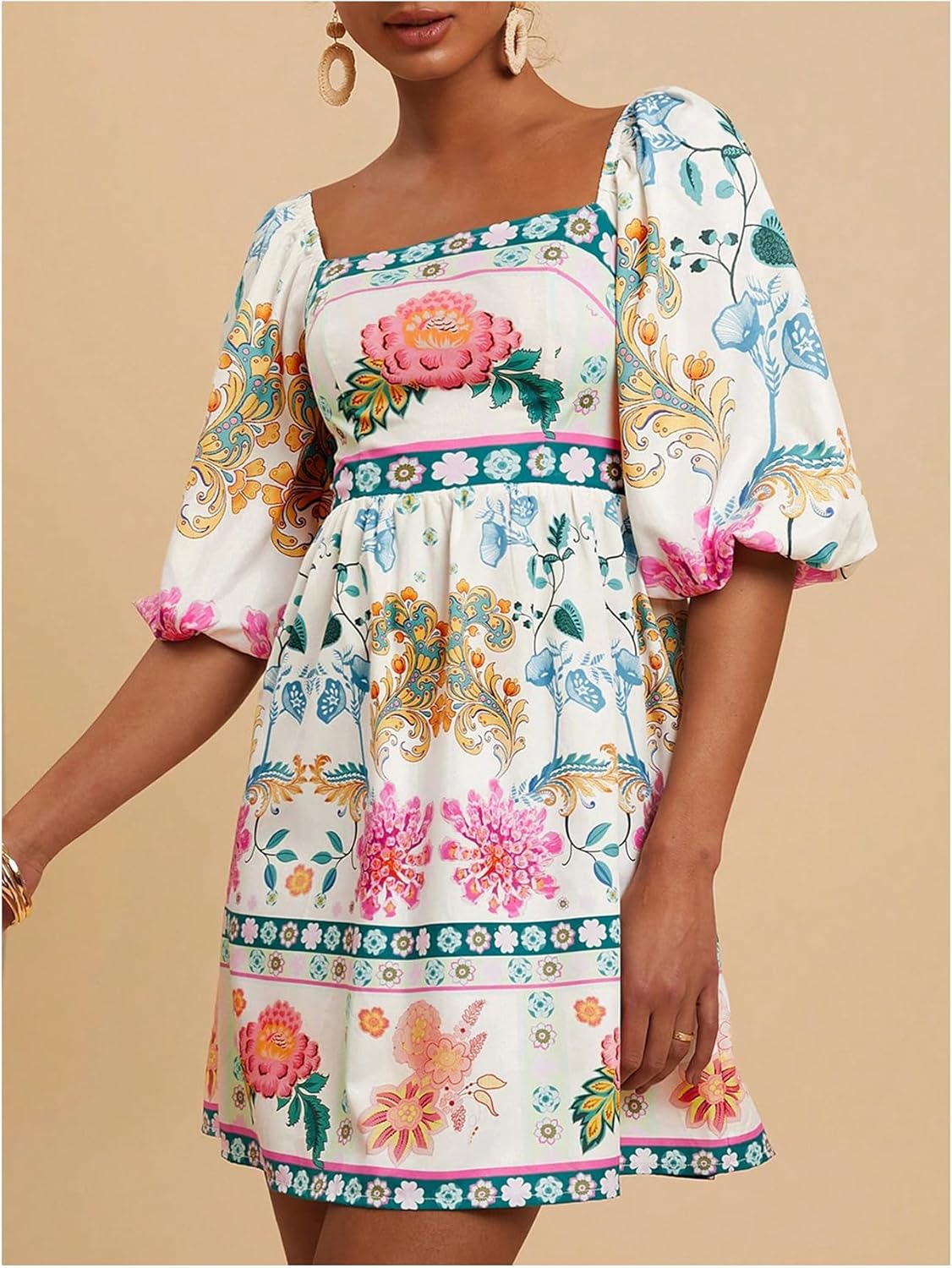 SOLY HUX Women's Floral Print Dress Square Neck Puff Sleeve A Line Short Boho Summer Dresses - Image 4