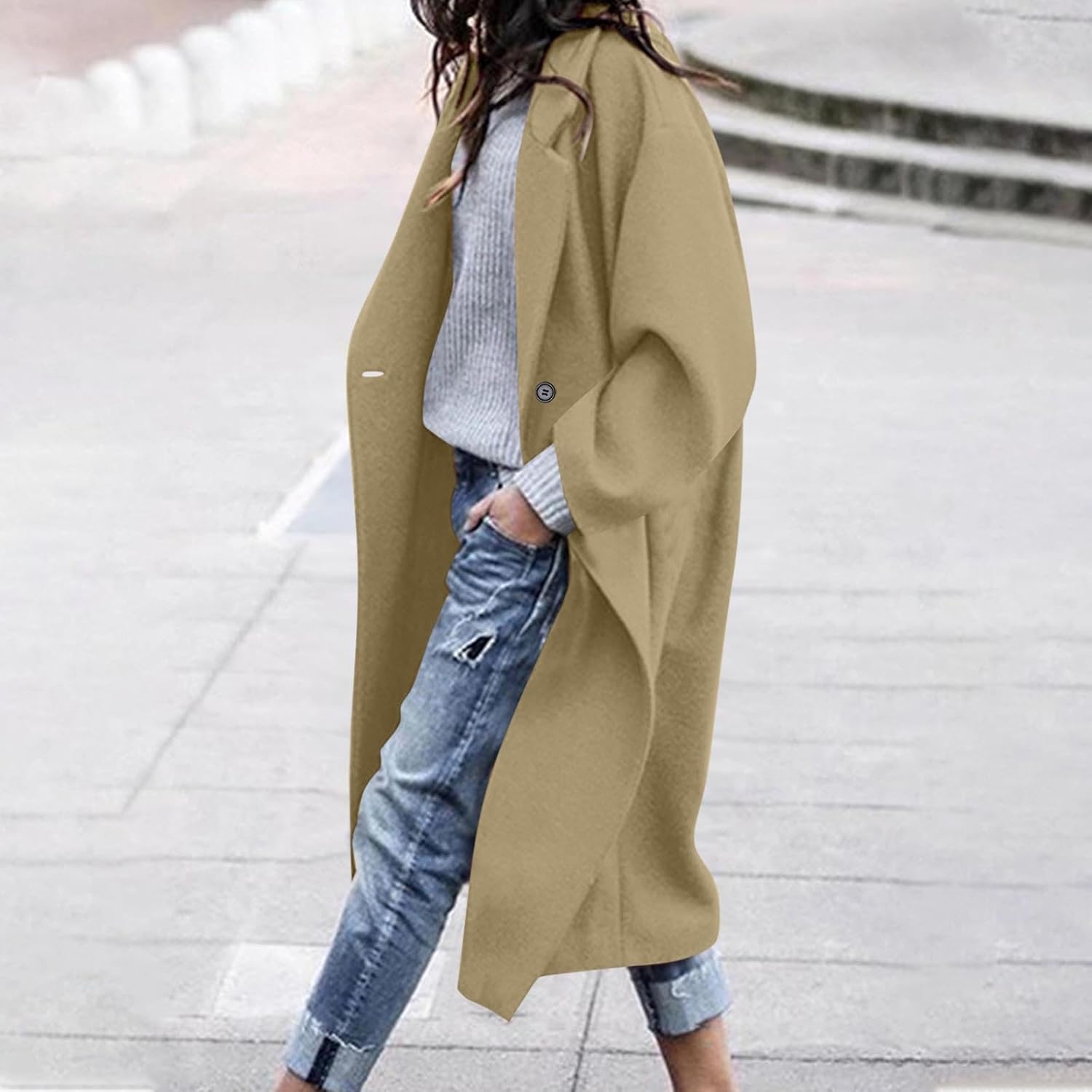 Oversized Pea Coat for Women Drop Shoulder Notch Lapel Wool Jacket With Pockets Thermal Fall Winter Trendy Trench Coat