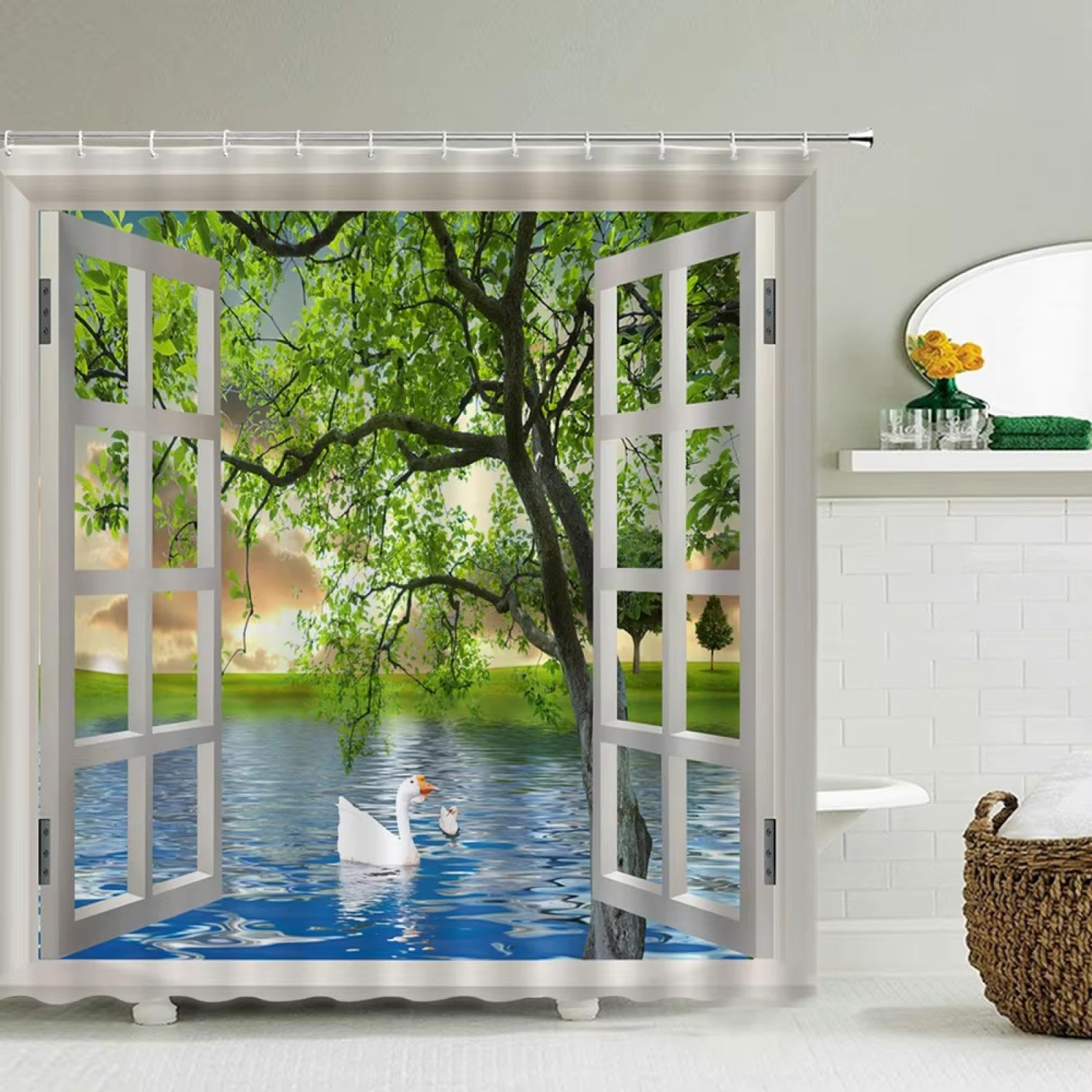 imperméable Rideaux de Bain Rideau de Bain Impression 3D Fenêtre Paysage Forêt Rideaux de Douche Rideau de Salle de Bain imperméable Tissu Lavable 240x195cm/WxH