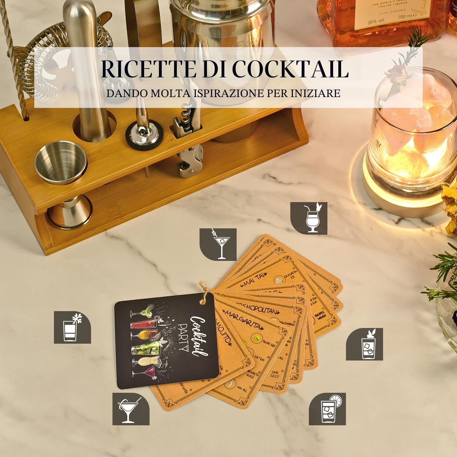 Eocolz Set per Cocktail, Set per Cocktail Shaker Kit per Barman Set di Attrezzi da Bar in Acciaio Inossidabile Bar e Strumenti per la Miscelazione di Bevande Premium da Casa con Supporto in Legno