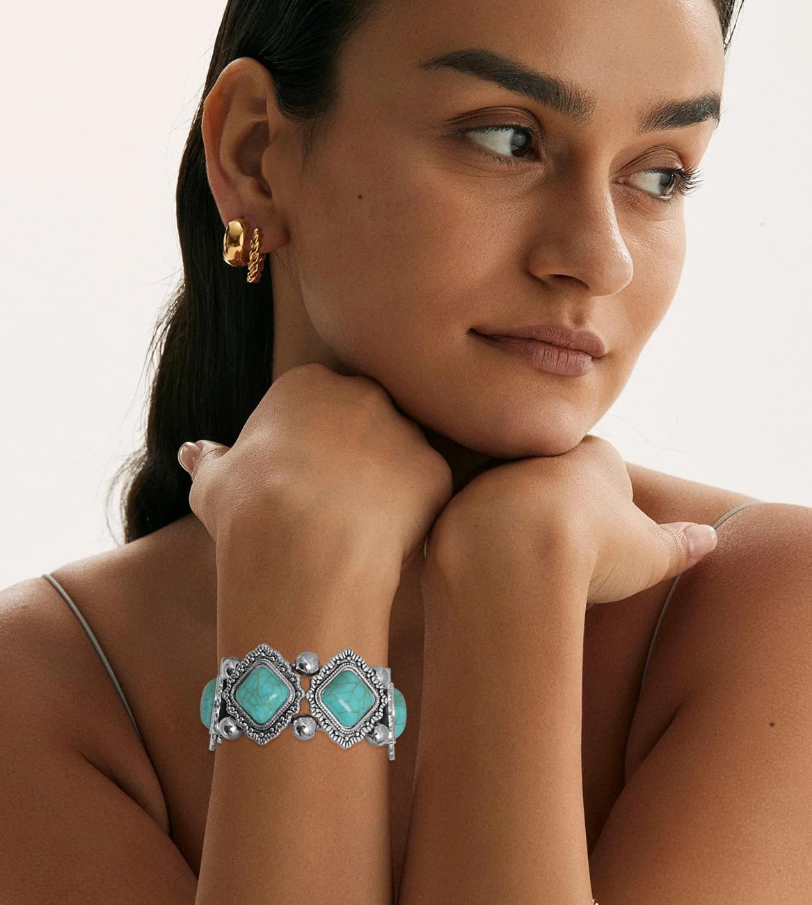 Turquoise Stretch Bracelets Boho Natural Stone Bangle Bracelet Adjustable Carved Wrist Bracelet - Image 2