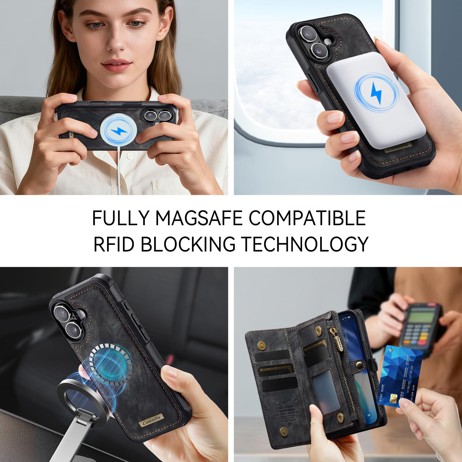 Etui portfelowe na iPhone'a 17 z 8 przegródkami na karty, magnetyczne zamknięcie, kieszeń na zamek błyskawiczny, odpinane magnetyczne wzornictwo 2 w 1, wysokiej jakości skóra PU, z paskiem na