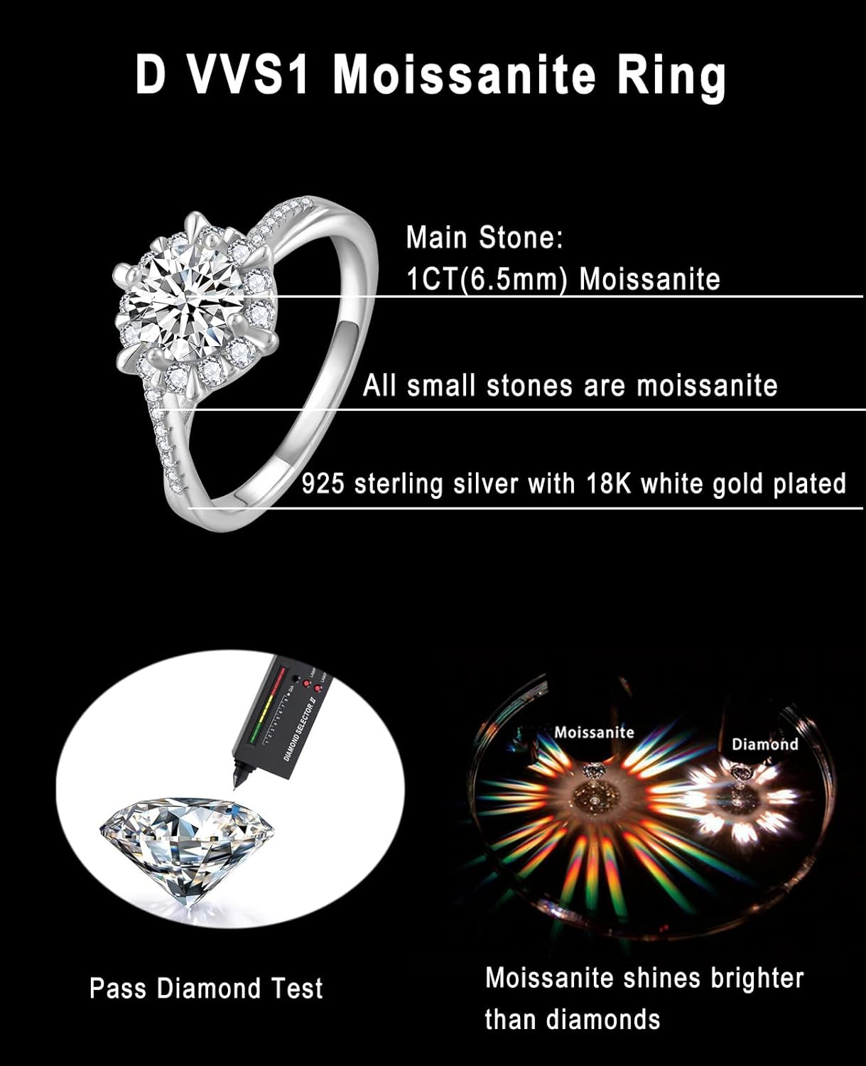 Promise Ring Rounnt Cut 1CT D Color VVS1 Moissanite Ring 925 Sterling Silver Engagement Rings for Women Her - Image 3