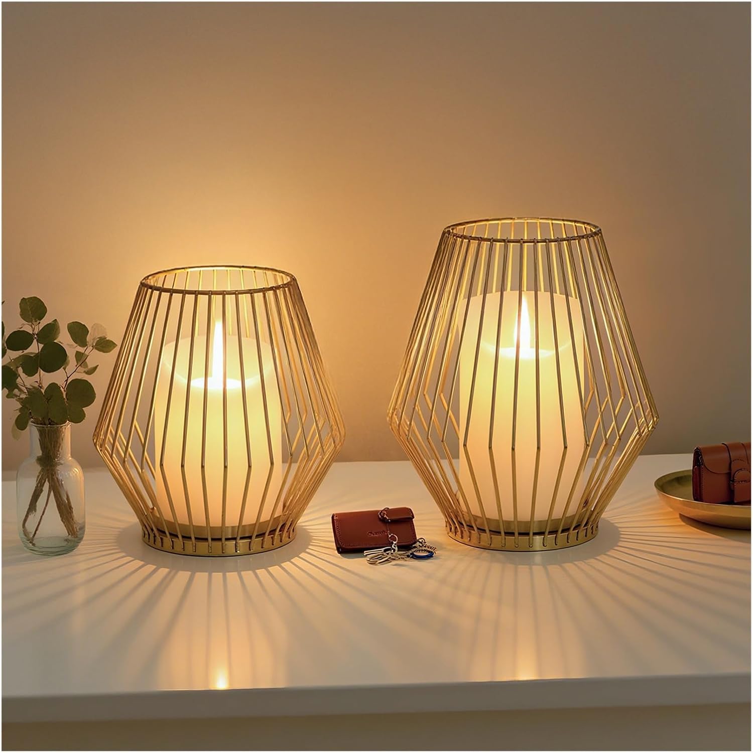 Nordic Style Minimalist Wrought Iron Lantern Decoration, Metal Candle Holder, Atmospheric Prop, Home Living Room Ornament, Handicraft(Medium Lantern- Gold)