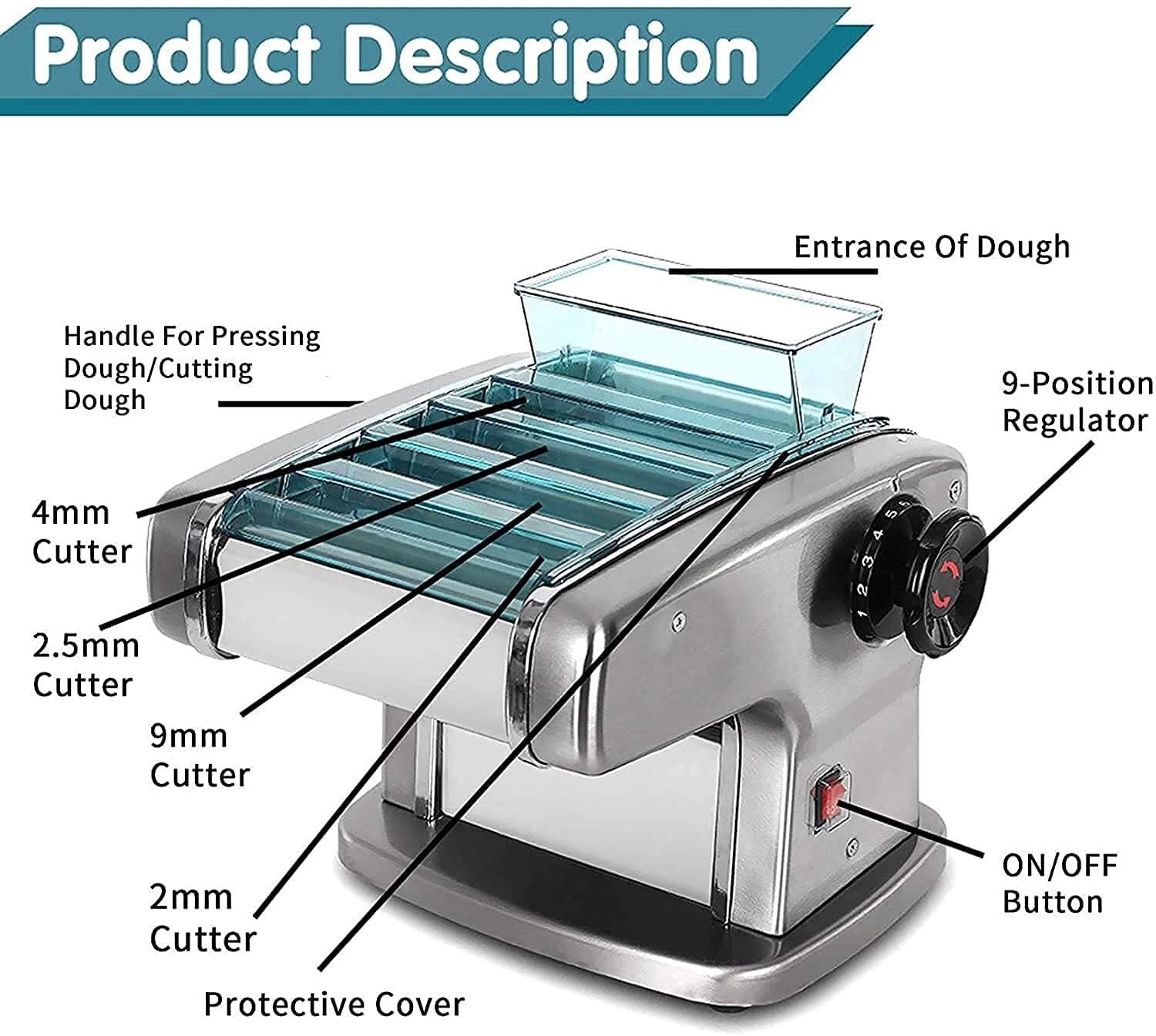 Pasta Maker Vertical Pressing Machine, Stainless Steel Dough Cutter Noodle with Detachable Crank, Adjustable Thickness for Homemade Spaghetti, Lasagna, and Dumpling Wrappers