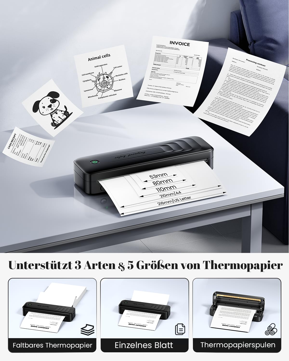 TATTMUSE Thermodrucker A4, Mobiler Drucker A4 für Unterwegs, Bluetooth Tragbarer Drucker für Fahrzeuge, Büro, Zuhause, Schule, Kompatibel mit iOS, Android, Laptop