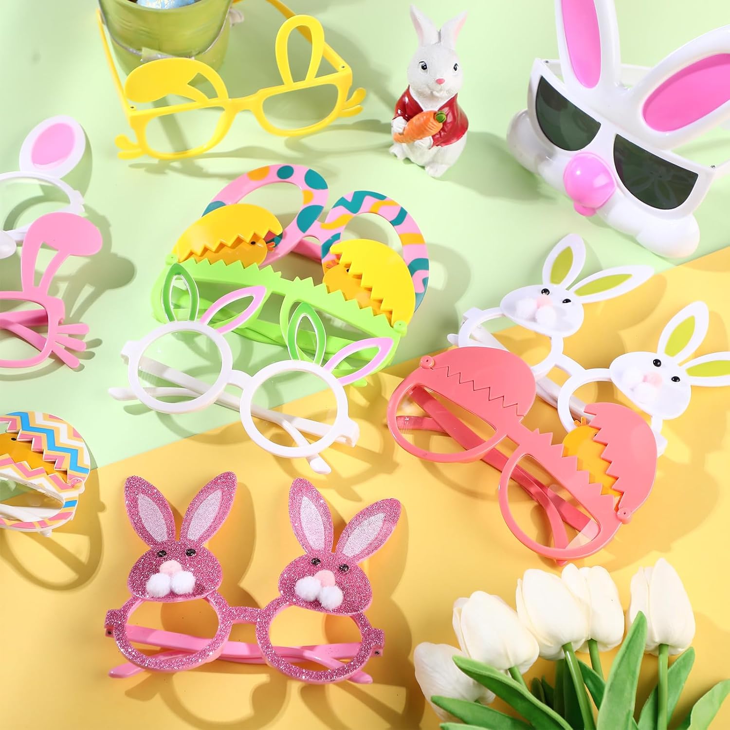 Simgoing 18 Pairs Plastic Easter Glasses for Boys Girls Adult Bunny Chick Funny Eyeglasses for Frame Easter Party Favors Supplies Gift Basket Stuffers
