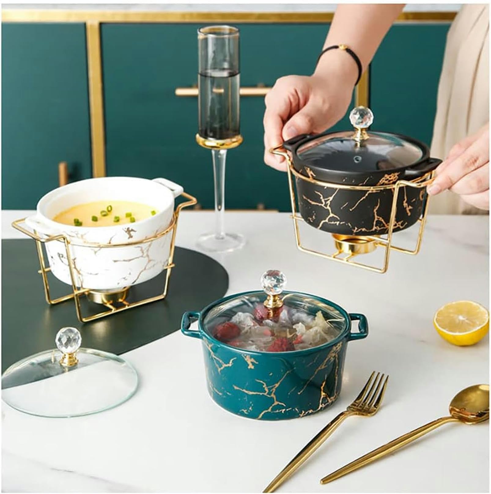 Elegante juego de platos redondos con tapa de cristal, acabado de mármol de cerámica, calentador de alimentos para bodas, fiestas, banquetes, catering