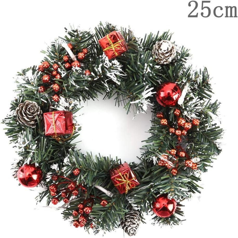 Christmas Wreath with LED Lights, 10 Inch Artificial Christmas Wreath with Battery Operated LED Lights, Battery Powered Xmas Door Wreath, Xmas Wreath Decoration for Front Door Window Hanging Garland