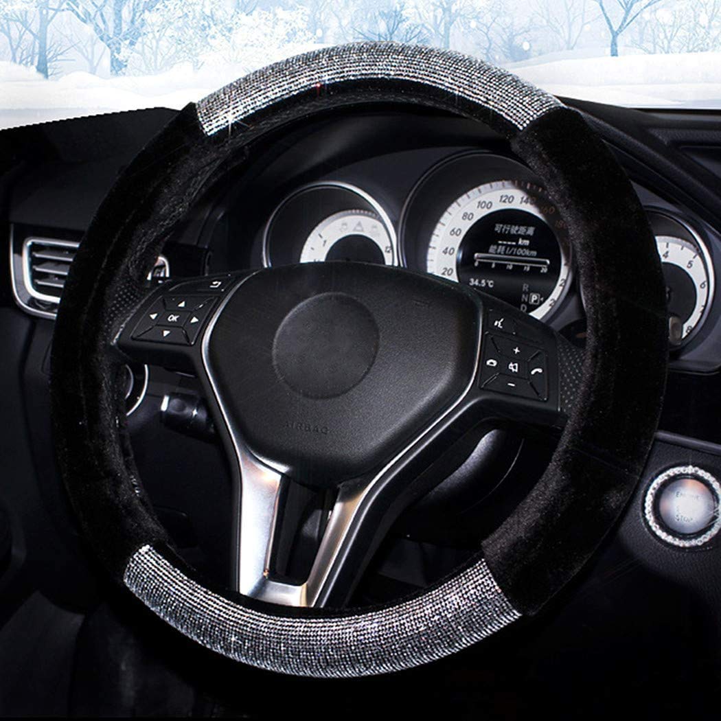 Labbyway Diamond Short Plush Fluffy Steering Wheel Cover, with Bling Bling Crystal Rhinestones for Winter Warm, Universal Fit 15 Inch Anti-Slip Wheel Protector, Black