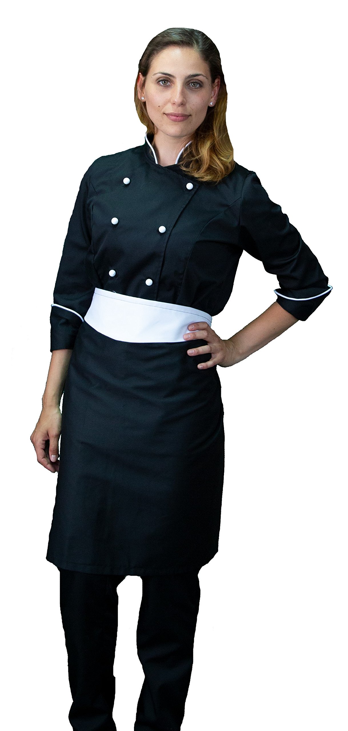 Ricamo Gratuito - Completo Cuoco da Cucina - Nero e Bianco - Divisa Chef Donna - Pantalone, Giacca e Grembiule - Made in Italy