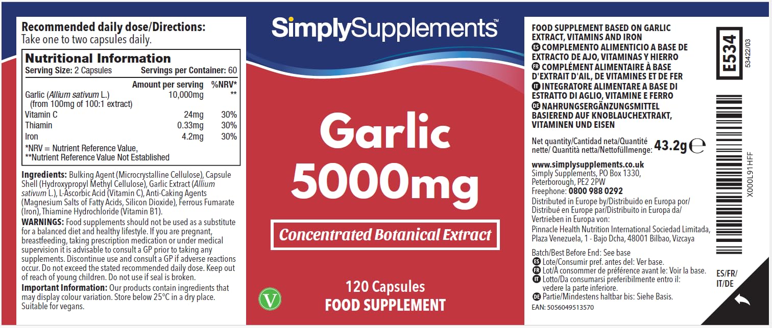Cápsulas de ajo de alta potencia | Ayuda a la salud inmunológica | Con vitamina C, hierro y tiamina | Apto para veganos | 120 cápsulas = 2 meses de suministro | Fabricado en el Reino Unido
