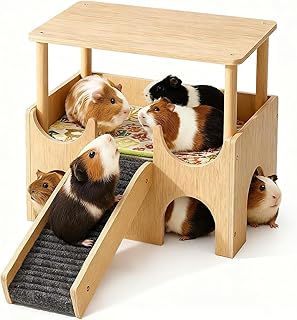 2026 Upgraded 2-Story Wooden Guinea Pig Hideout Castle with Ramp & Double-Sided Mat - Sturdy Detachable Multi-Cave Pet Hou...