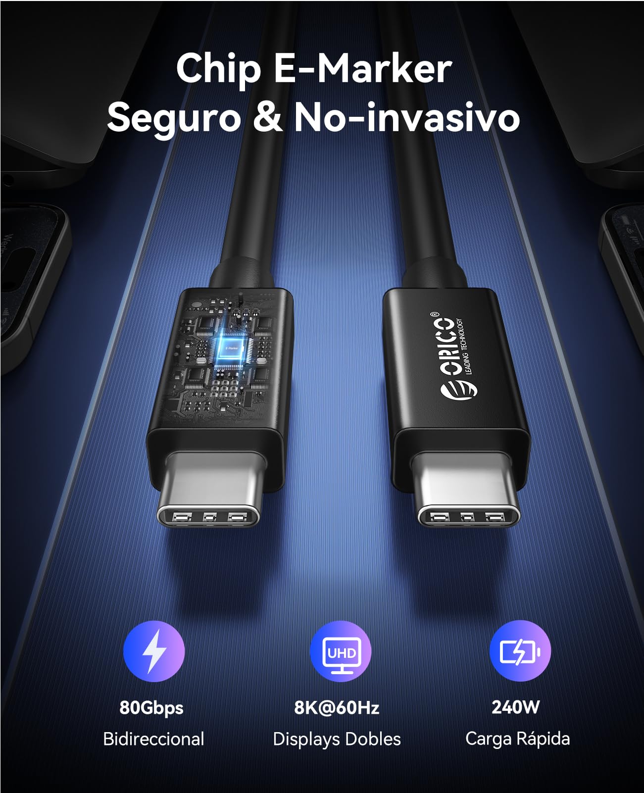 ORICO Cable Thunderbolt 5, 80Gbps Cable USB-C a USB-C, 240W de Potencia, hasta 120Gbps de ancho de banda, pantalla 8K, compatible con Thunderbolt 5/4/3, iPhone 16, MacBook