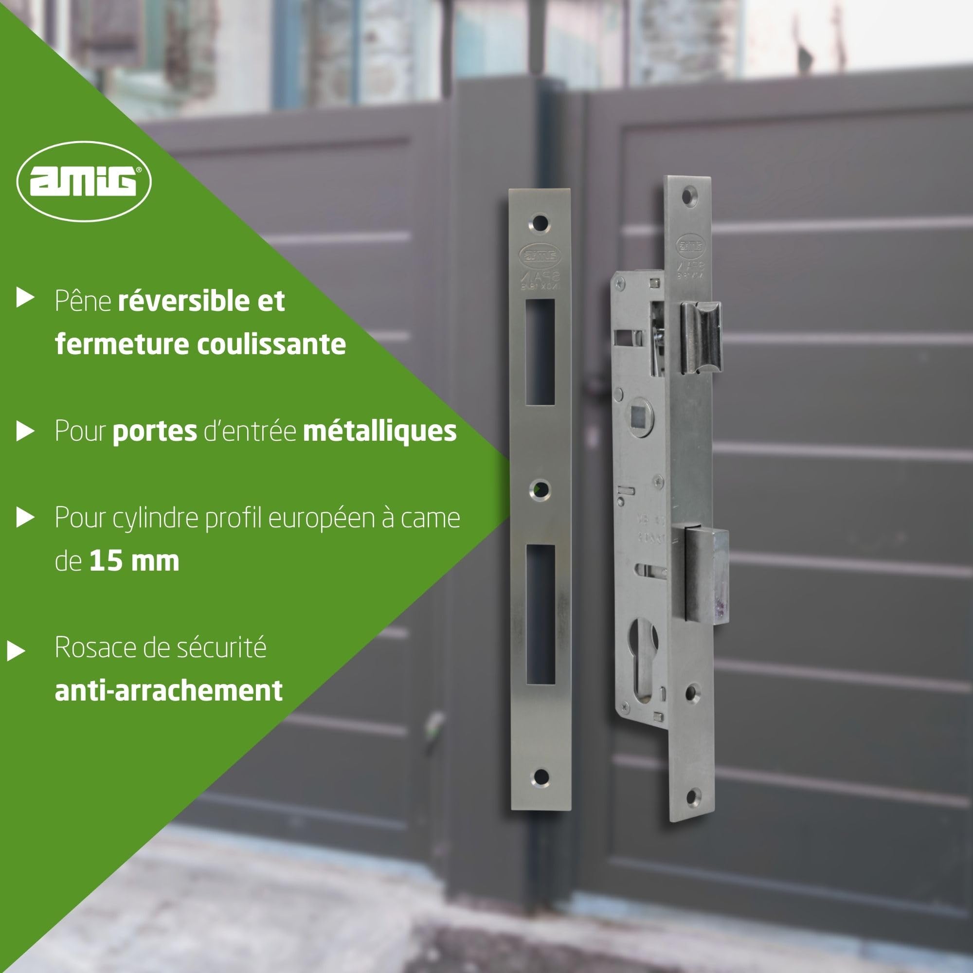 Amig - Serrure à mortaise pour menuiserie métallique - 32 mm - Pour cylindre Europrofilé à came de 15 mm - Poignée réversible - Acier inoxydable - Cylindre et clés non inclus