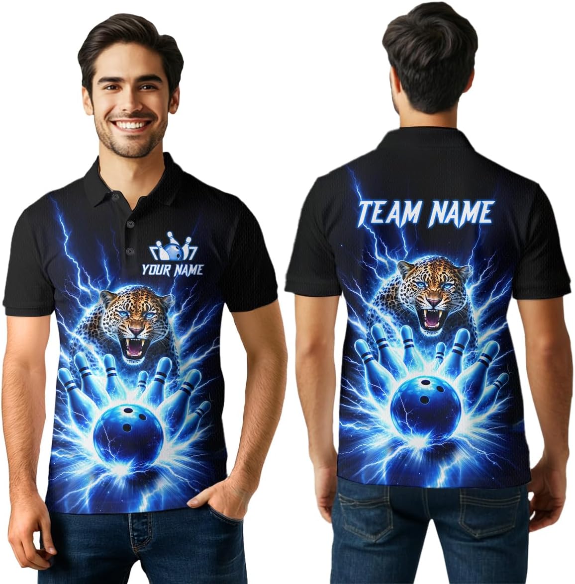 Blue Leopard Bowling Shirts Thunder Lightning Leopard Bowling Jersey for Team Men Women Bowling Polo and Bowl Zip Shirt