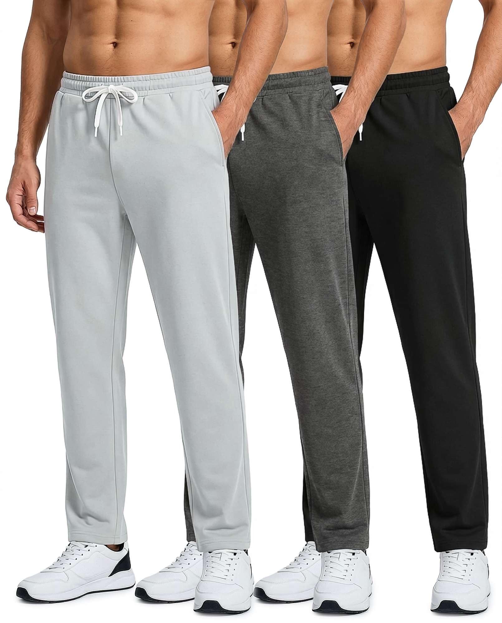 Real Essentials 3 Pack Mens French Terry Open Bottom Sweatpants - Casual Lounge Comfort Gym with Pockets
