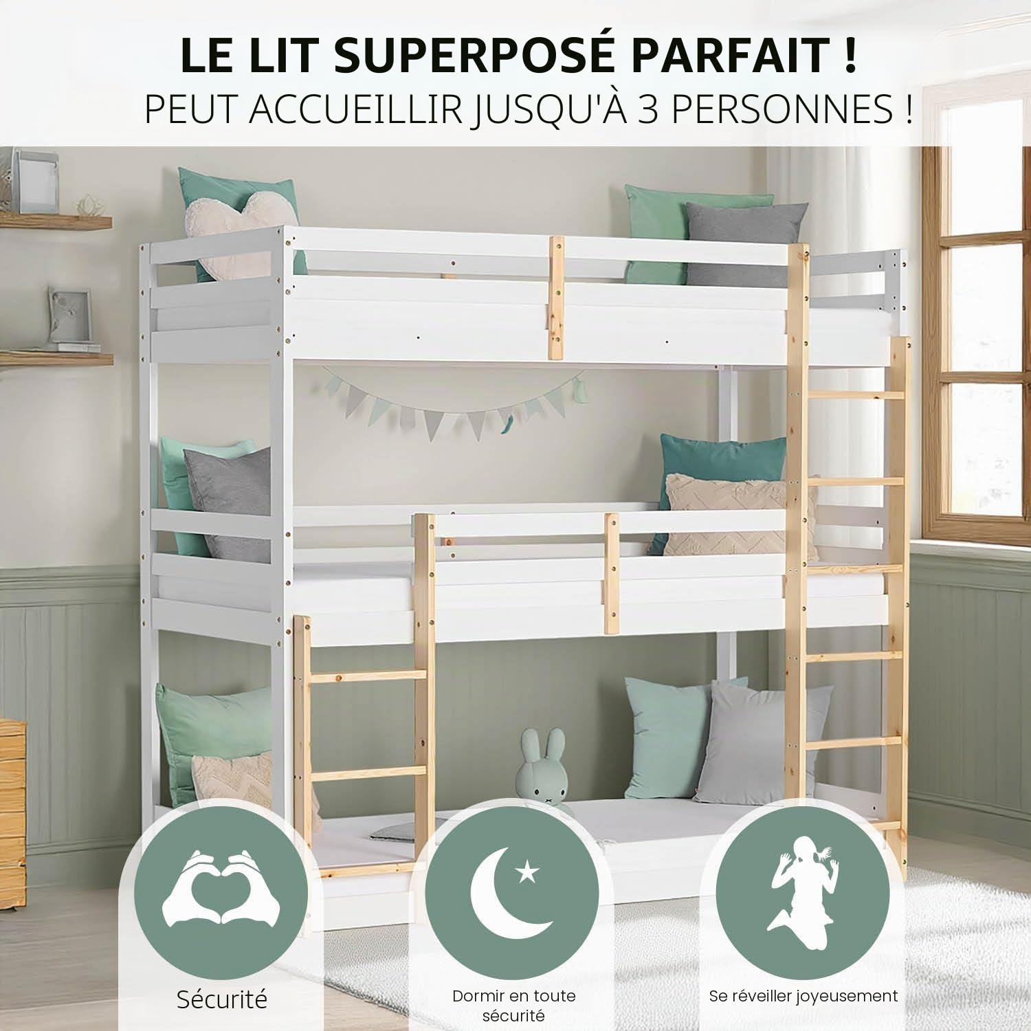 Homestyle4u Lit superposé pour 3 Enfants Lit Mezzanine 90x200 avec escalier, sommier à Lattes, Bois Blanc, Finition Naturelle | Article 2589