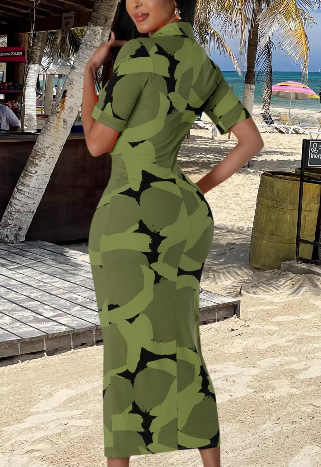 ZERMOM Women's Button Down Shirt Dress Short Sleeve Print Collar V Neck Summer Bodycon Midi Dresses - Image 6