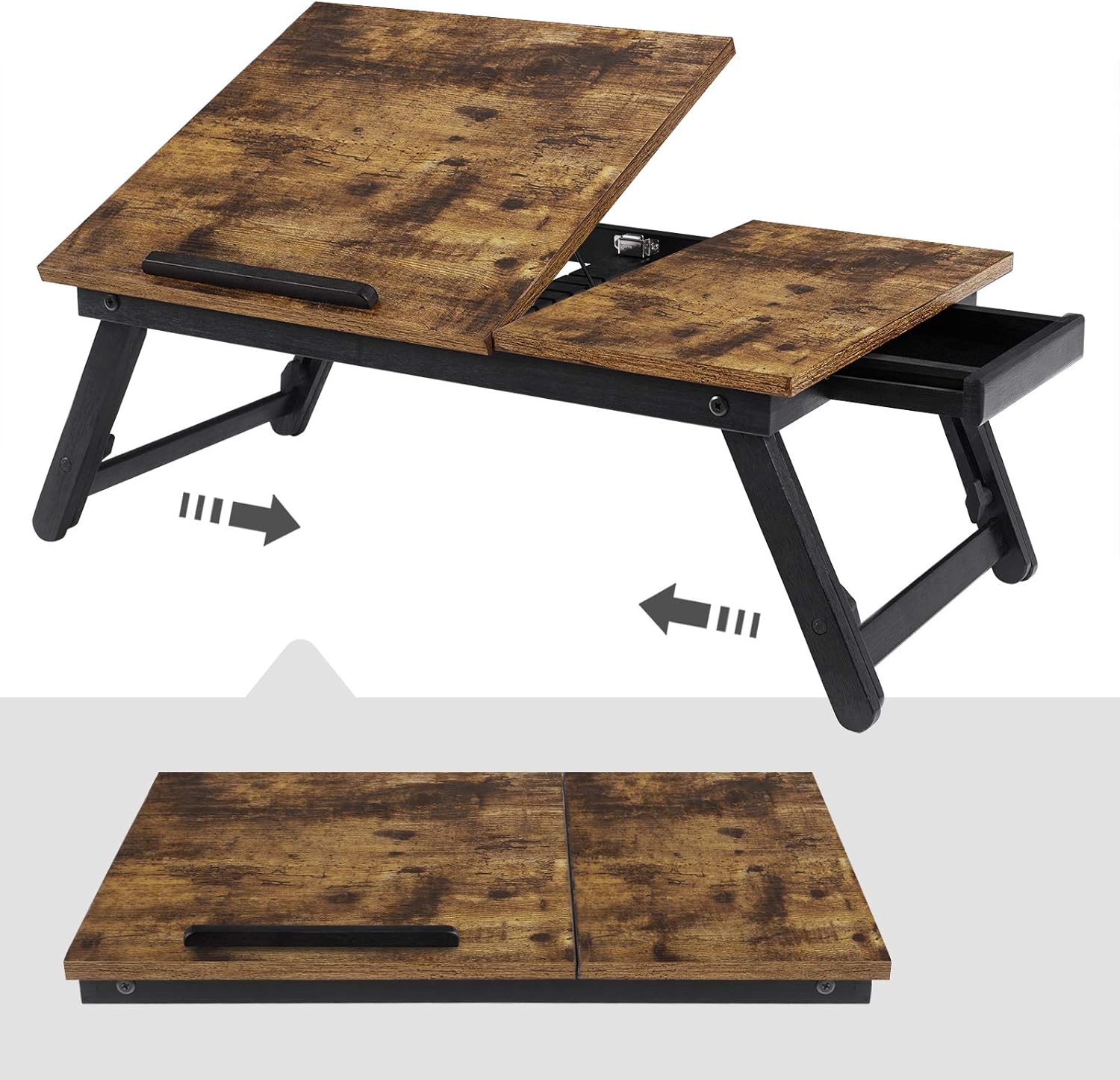 Diagram showing the SONGMICS LLD105B01 portable laptop desk in both folded and unfolded states.